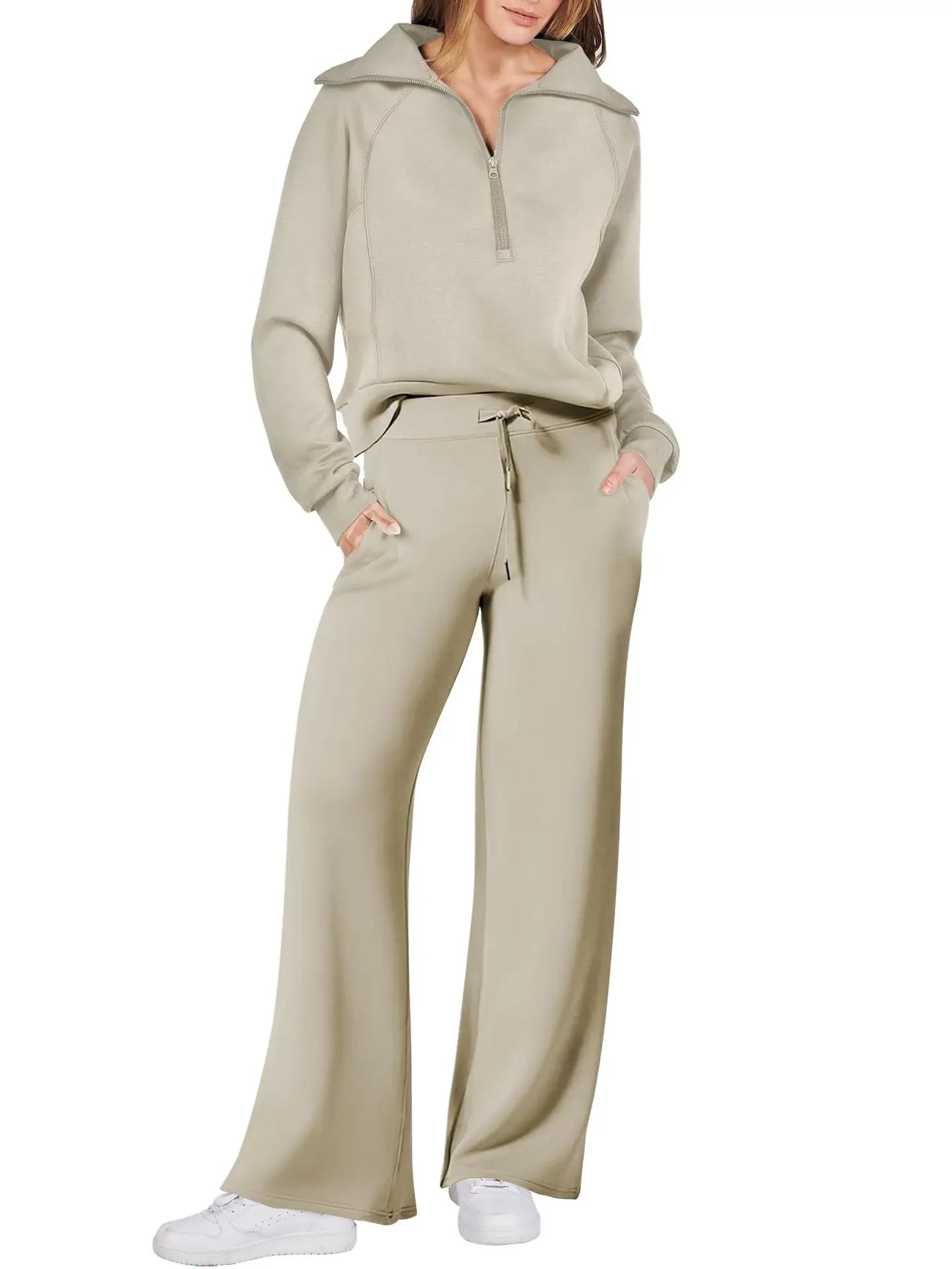 Loungewear Set - Quarter Zip Pullover Sweatshirt With Wide Leg Sweatpants