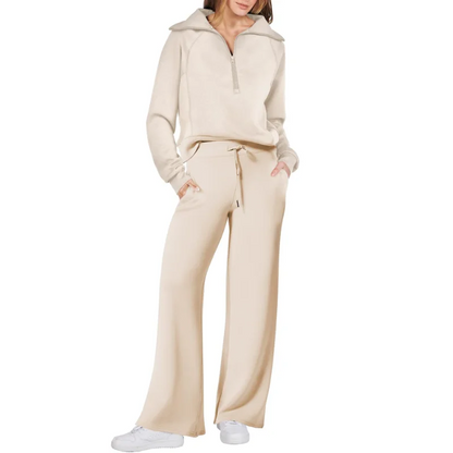 Loungewear Set - Quarter Zip Pullover Sweatshirt With Wide Leg Sweatpants