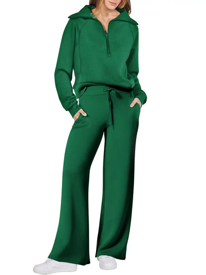 Loungewear Set - Quarter Zip Pullover Sweatshirt With Wide Leg Sweatpants