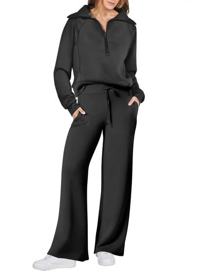 Loungewear Set - Quarter Zip Pullover Sweatshirt With Wide Leg Sweatpants