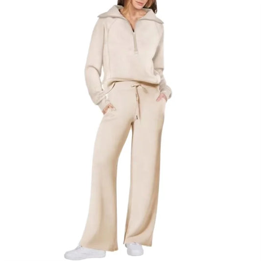 Loungewear Set - Quarter Zip Pullover Sweatshirt With Wide Leg Sweatpants